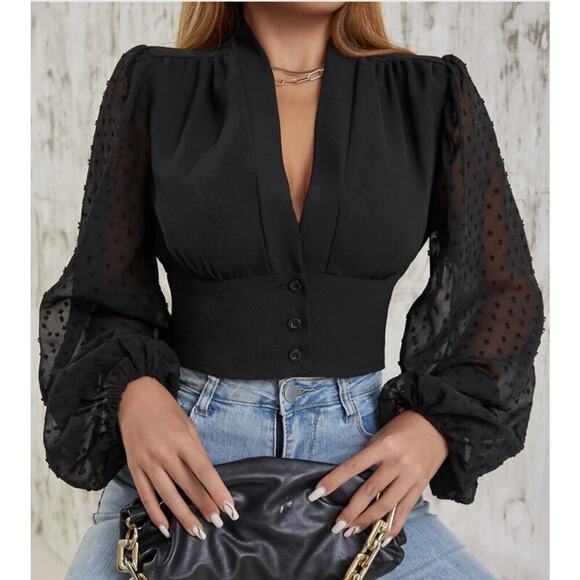 Unity Swiss Dot Lantern Sleeve Blouse button up puff sleeve cropped black SZ S - Picture 1 of 7